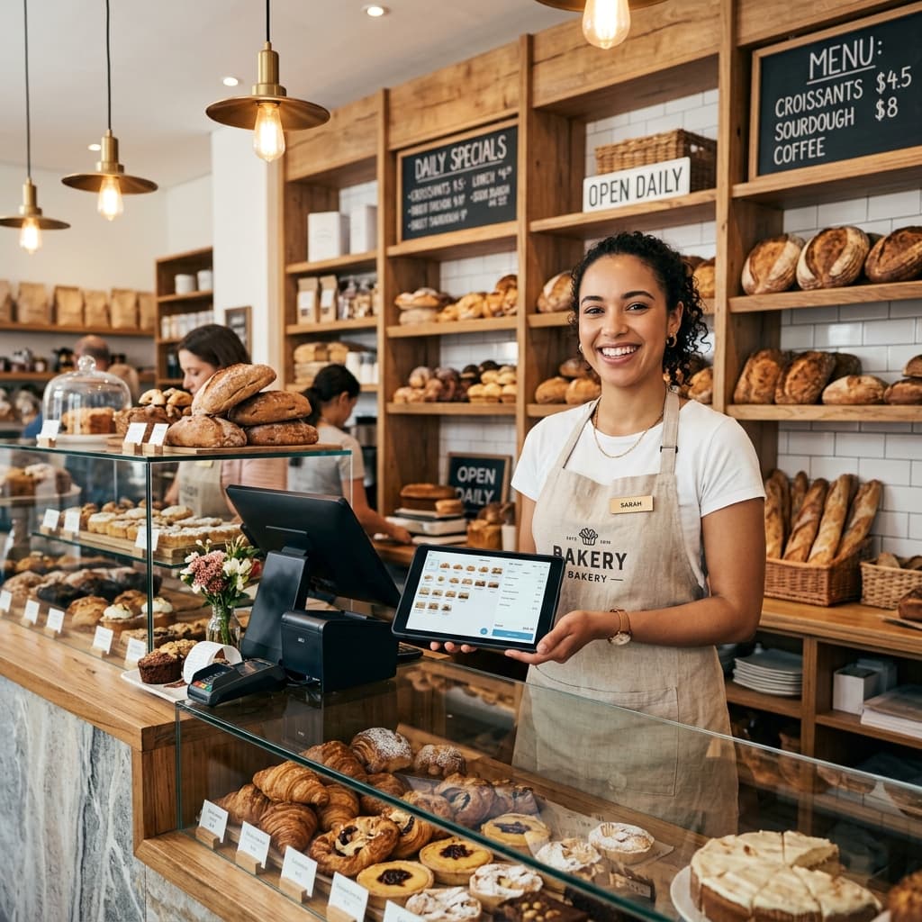 Cafe owner standing in a bakery workspace