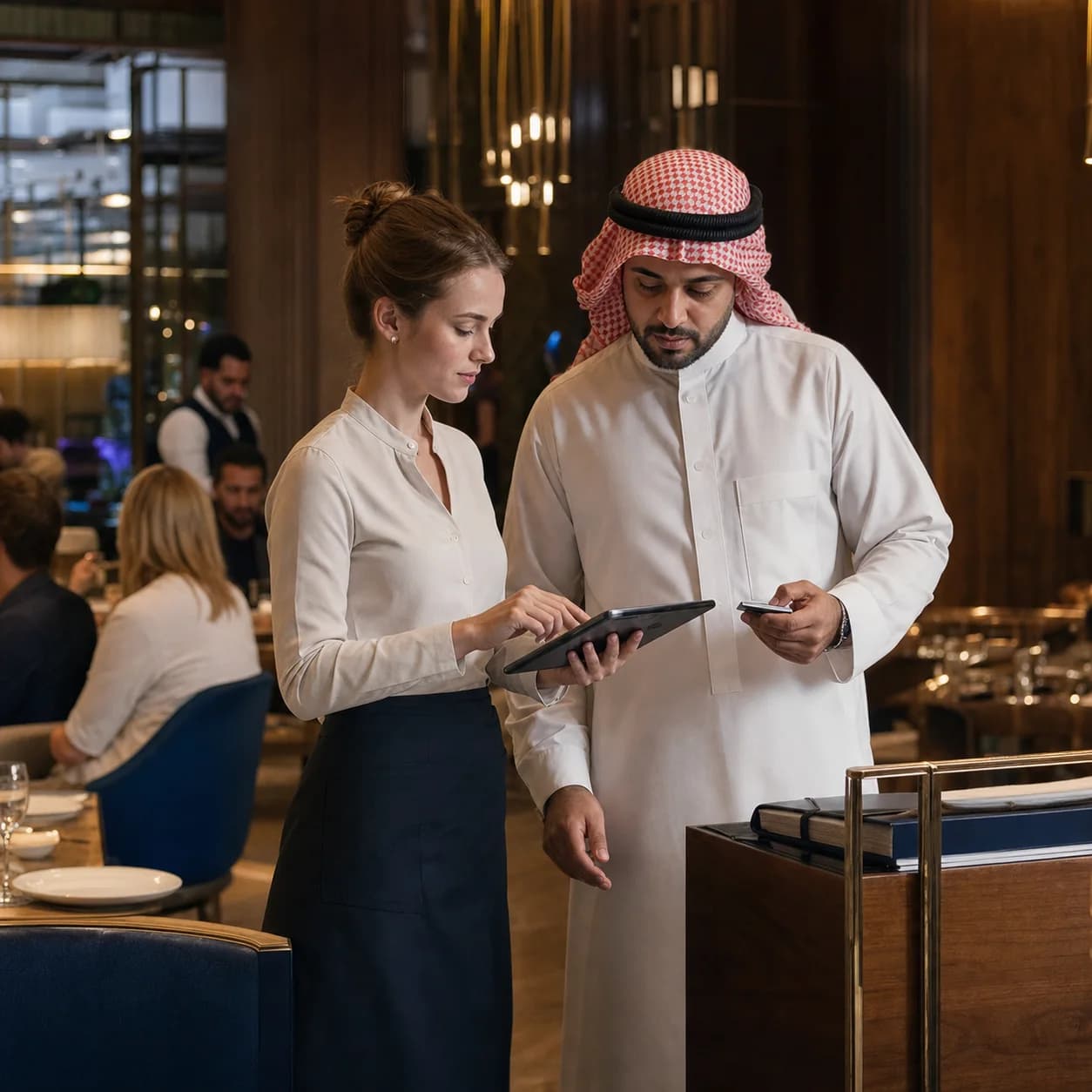 International hotel restaurant team using a tablet for service